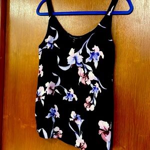 White House Black Market tank top blouse, black, orchids pattern